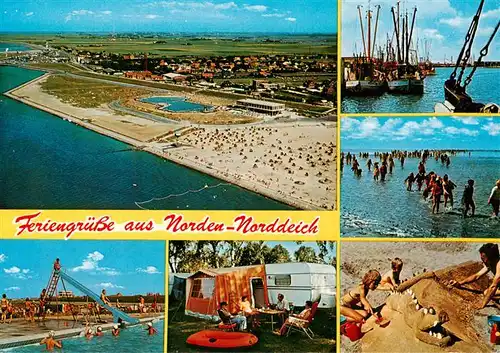 AK / Ansichtskarte 73919030 Norden_Norddeich_Nordseebad Fliegeraufnahme Fischerhafen Strandpartien Camping