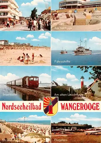 AK / Ansichtskarte 73919031 Wangerooge_Wangeroog_Nordseebad Zedeliusstrasse Am Kurhaus Strand Faehrschiffe Inselbahn Leuchtturm