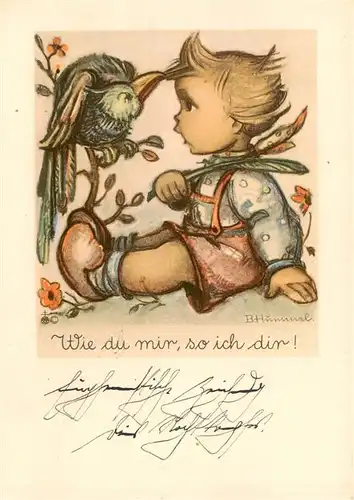 AK / Ansichtskarte  Hummel_Kuenstler-AK-Nr. Nr.4519 Josef Mueller Wie du mir so ich Dir! Kind Vogel