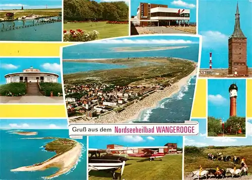 AK / Ansichtskarte  Wangerooge_Wangeroog_Nordseebad Strandpartien Fliegeraufnahme Park Hotel Kirche Leuchtturm Flugplatz Reiter