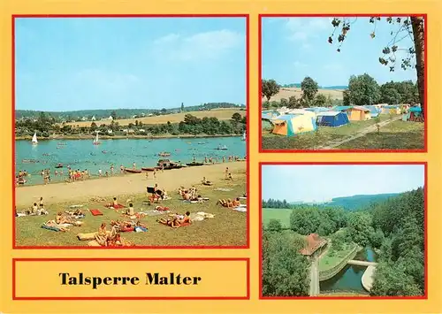 AK / Ansichtskarte 73919302 Talsperre_Malter Badestrand Campingplatz Blick von der Staumauer