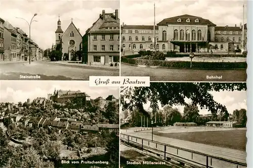 AK / Ansichtskarte 73919311 Bautzen Steinstrasse Banhof Blick vom Proitschenberg Stadion Muellerwiese