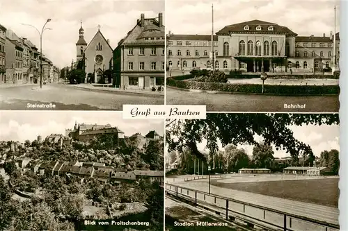 AK / Ansichtskarte  Bautzen Steinstrasse Banhof Blick vom Proitschenberg Stadion Muellerwiese