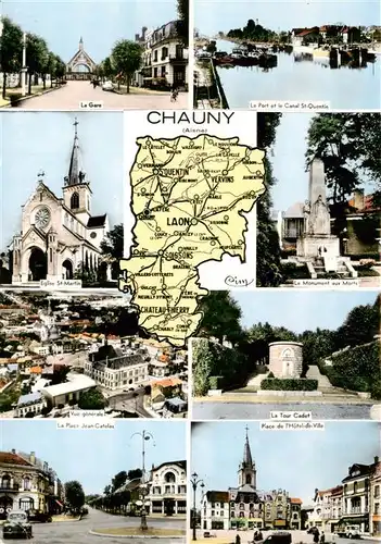 AK / Ansichtskarte  Chauny_02_Aisne La Gare Le Port Eglise St Martin Le Monument aux Morts La Place Jean Catelas Place de lHotel de Ville