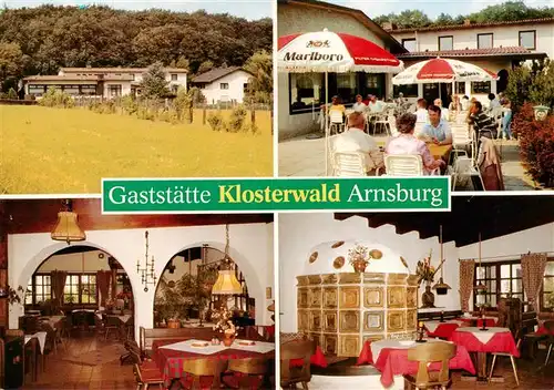 AK / Ansichtskarte 73919512 Arnsburg_Hessen Gaststaette Pension Zum Klosterwald Gastraeume Terrasse