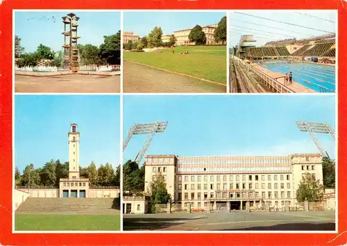 AK / Ansichtskarte  Leipzig Wasserspiele am Sportforum Dt Hochschule fuer Koerperkultur Schwimmstadion Werner Seelenbinder Turm Hauptgebaeude mit Sportmuseum