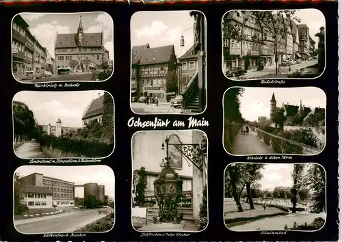 AK / Ansichtskarte  Ochsenfurt_Main Marktplatz Rathaus Landratsamt Zuckerfabrik Franken Rathaustreppe Taufbecken Hauptstrasse Nikolaus und Dicker Turm Schwimmbad