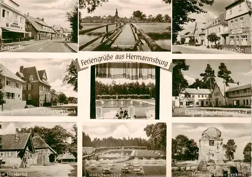 AK / Ansichtskarte  Hermannsburg Celter Strasse Am Wehrsteg Lothar strasse Postamt Volksbank Eingang Waldschwimmbad Hiesterhof Waldschwimmbad Hermann Loens Denkmal