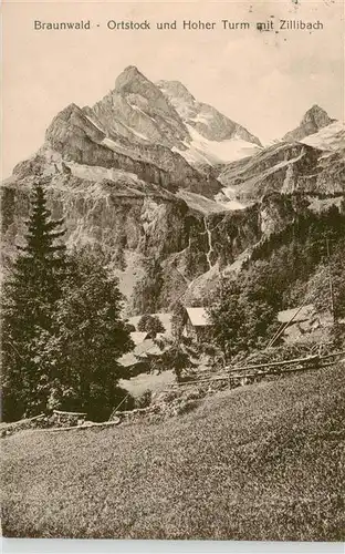 AK / Ansichtskarte  Braunwald_GL Ortstock und Hoher Turm mit Zillibach