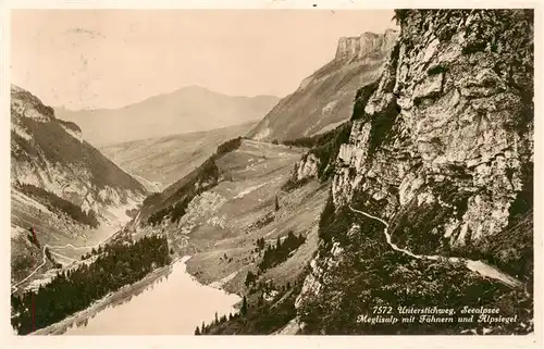 AK / Ansichtskarte  Seealpsee_Saentis_IR Unterstichweg Meglisalp mit Faehnern und Alpsiegel