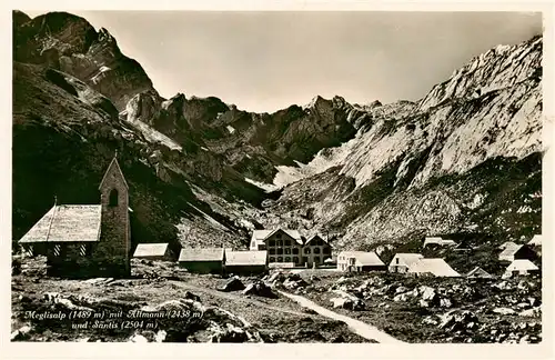 AK / Ansichtskarte Meglisalp_1520m_Altmann_AR mit Kirche Altmann und Saentis 