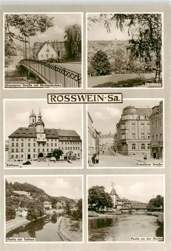 AK / Ansichtskarte Rosswein Dresdner Strasse mit Muldenbruecke Teilansicht Rathaus Partie am Talbad Muldepartie Rosswein