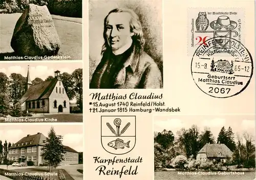 AK / Ansichtskarte Reinfeld_Holstein Matthias Claudius Gedenkstein Kirche Schule Geburtshaus Portrait Reinfeld_Holstein