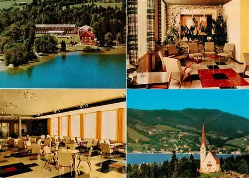 AK / Ansichtskarte Bad_Wiessee_Tegernsee Haus Hubertus Speisessal Gastraum Seepartie mit Kirche Bad_Wiessee_Tegernsee