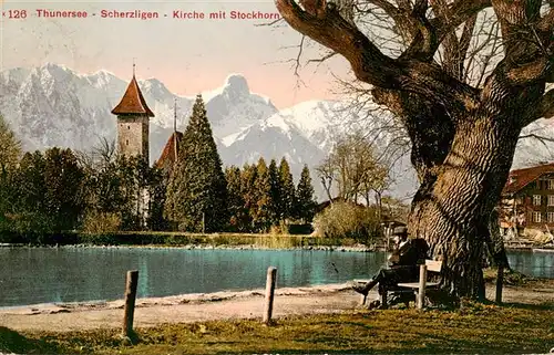 AK / Ansichtskarte  Scherzligen_BE Thunersee mit Kirche und Stockhorn