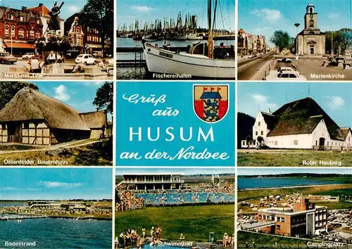 AK / Ansichtskarte  Husum__Nordfriesland Markt mit Tine Ostenfelder Bauernhaus Badestrand Schwimmbad Camping Roter Haubarg Marienkirche Fischereihafen