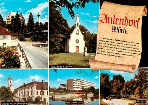 AK / Ansichtskarte 73921319 Aulendorf Strassenpartie Hochkreuz Kapelle Schloss mit Pfarrkirche Parksanatorium Kurpark