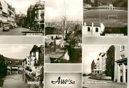 AK / Ansichtskarte  Aue__Sachsen Strasse der Befreiung Kirche Otto Grotewohl Stadion An der Mulde Ernst Scheffler Krankenhaus