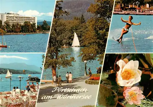 AK / Ansichtskarte 73921930 Poertschach_Woerthersee Hotel Terrasse Seepartie Wasserski Seerosen