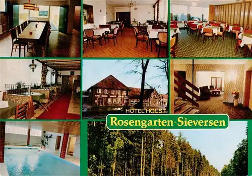 AK / Ansichtskarte 73921949 Sieversen Hotel Holst Gastraeume Schwimmhalle Treppe Waldpartie
