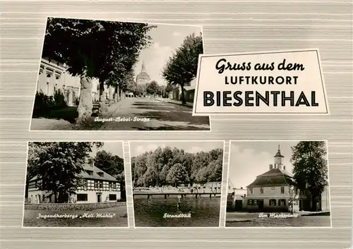 AK / Ansichtskarte  Biesenthal_-Bernau_Brandenburg August Bebel Strasse Jugendherberge Hell Muehle Strandbad Am Marktplatz