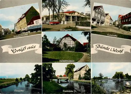 AK / Ansichtskarte  Buende__Westfalen Bahnhofstrasse Stadtgarten Eschstrasse Heimatmuseum Elsepartie Elsebruecke Fischteich