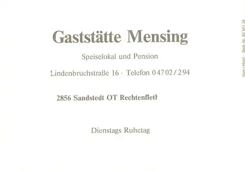 AK / Ansichtskarte 73922229 Rechtenfleth_Sandstedt Gaststaette Mensing Gastraeume