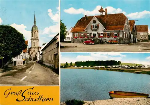 AK / Ansichtskarte 73922378 Schuttern_Friesenheim Kirche Strasse Gasthaus Partie an der Schutter