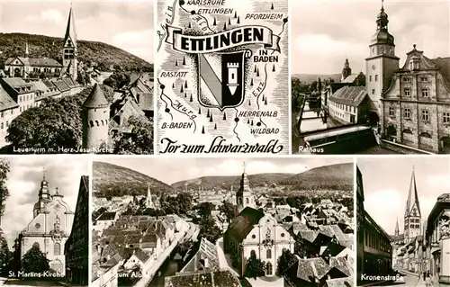 AK / Ansichtskarte 73922735 Ettlingen Tor zum Schwarzwald Lauerturm Kirche Rathaus Kronenstrasse Stadtpanorama