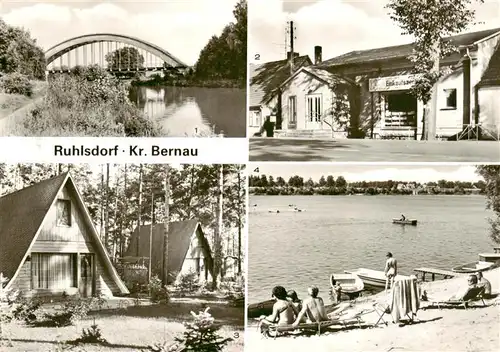 AK / Ansichtskarte 73922881 Ruhlsdorf_Bernau Kanal mit Eisenbahnbruecke Kaufhalle Bungalow Siedlung Am Kiessee