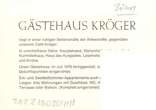 AK / Ansichtskarte 73922978 Buesum_Nordseebad Gaestehaus Kroeger