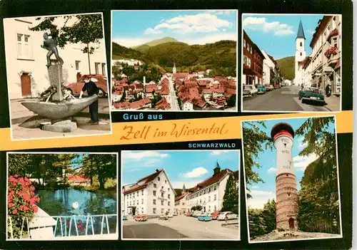 AK / Ansichtskarte  Zell_Wiesental Brunnen Panorama Strassenpartie Weiher Aussichtsturm