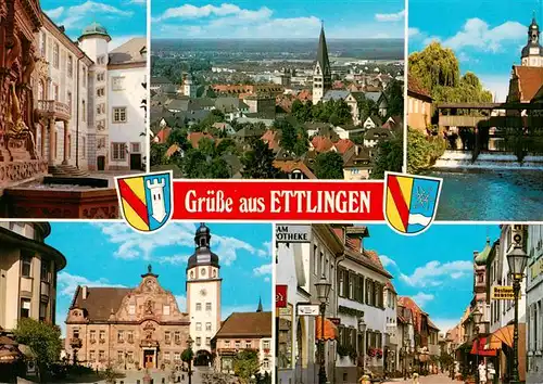 AK / Ansichtskarte 73923181 Ettlingen Altes Schloss Panorama Bruecke Rathaus Fussgaengerzone