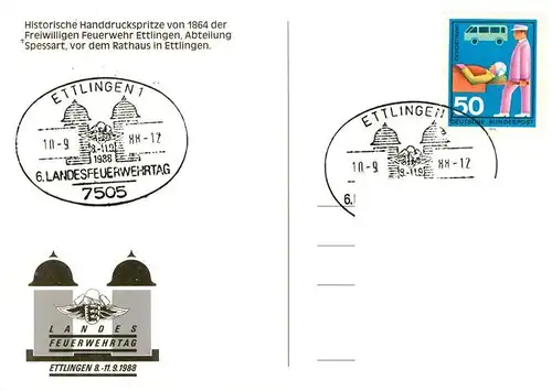 AK / Ansichtskarte  Ettlingen Historische Handdruckspritze von 1864 der Freiwilligen Feuerwehr vor dem Rathaus Sonderstempel 6. Landesfeuerwehrtag