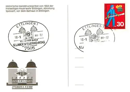 AK / Ansichtskarte  Ettlingen Historische Handdruckspritze von 1864 der Freiwilligen Feuerwehr vor dem Rathaus Sonderstempel 6. Landesfeuerwehrtag