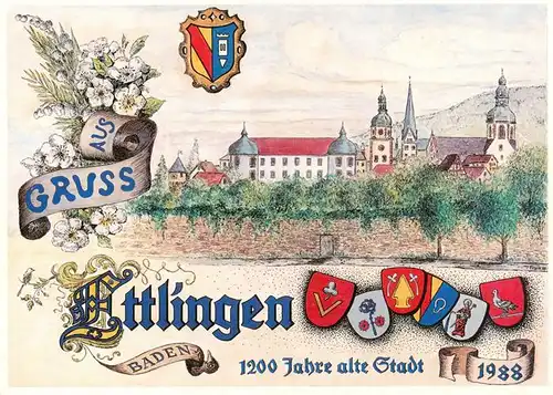 AK / Ansichtskarte 73923242 Ettlingen 1200 Jahre alte Stadt Schloss Wappen Blumen Kuenstlerkarte Sonderdruck