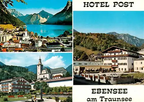 AK / Ansichtskarte 73923456 Ebensee_Oberoesterreich_AT Panorama Traunsee Hotel Post Kirche