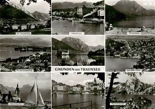 AK / Ansichtskarte  Gmunden_Traunsee_Salzkammergut_AT Traunstein Landeplatz Strandbad Hoellengebirge Fliegeraufnahme Schloss Ort Traunkirchen