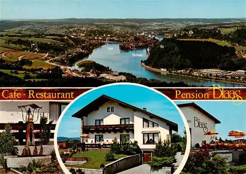 AK / Ansichtskarte 73923581 Haibach_Schaerding Fliegeraufnahme Cafe Restaurant Pension Blaas Terrasse