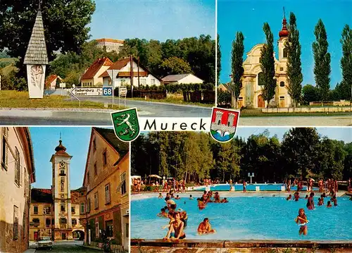 AK / Ansichtskarte 73923622 Mureck Bildstock Kirche Ortspartie Schwimmbad
