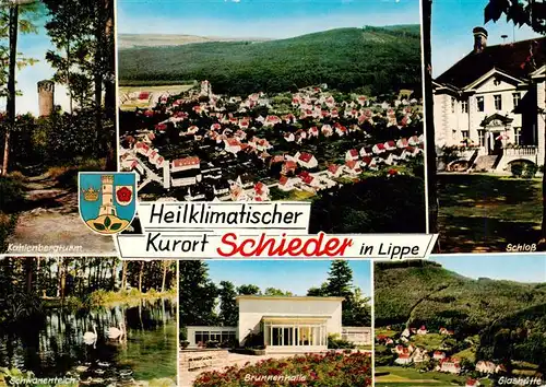 AK / Ansichtskarte 73923740 Schieder-Schwalenberg Kahlenbergturm Fliegeraufnahme Schloss Schwanenteich Brunnenhalle Glashuette