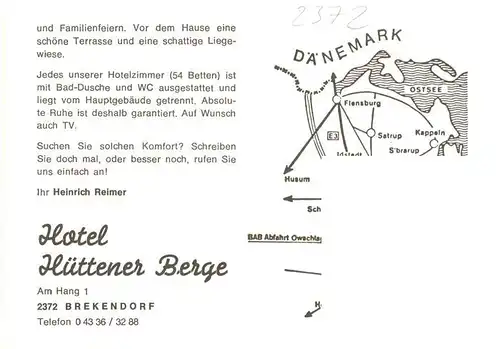 AK / Ansichtskarte 73923764 Brekendorf Hotel Huettener Berge Gastraum Zimmer Panorama