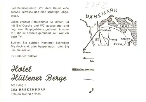 AK / Ansichtskarte  Brekendorf Hotel Huettener Berge Gastraum Zimmer Panorama