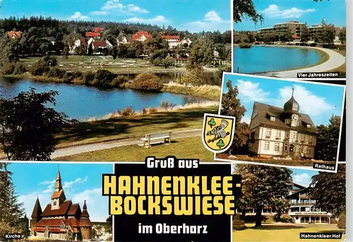 AK / Ansichtskarte 73924065 Hahnenklee-Bockswiese_Harz Panorama Vier Jahreszeiten Rathaus Kirche Hahnenkleer Hof
