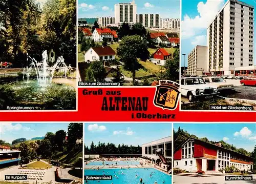 AK / Ansichtskarte 73924066 Altenau_Harz Springbrunnen Glockenberg Hotel am Glockenberg Kurpark Schwimmbad Kurmittelhaus