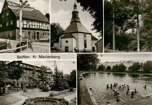 AK / Ansichtskarte 73924080 Seiffen_Erzgebirge Wegweiser am Bunten Haus Rundkirche Binge Geyerin Erzgebirgisches Spielzeugmuseum Freibad