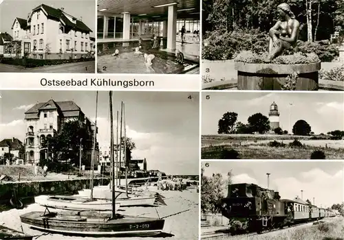 AK / Ansichtskarte 73924098 Kuehlungsborn_Ostseebad haus der Jugend FDGB Meerwasserschwimmhalle Konzertgarten Bootsliegestelle Leuchtturm Buk Molli auf dem Bahnhof Kuehlungsborn