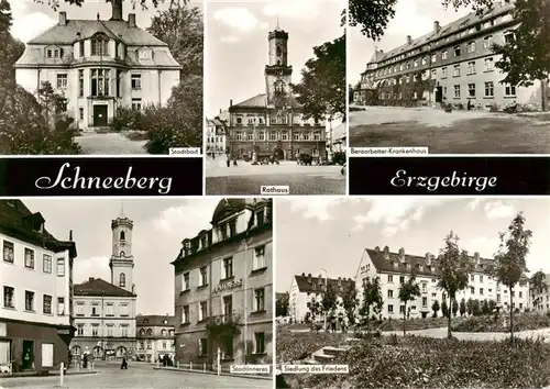 AK / Ansichtskarte  Schneeberg__Erzgebirge Stadtbad Rathaus Bergarbeiter Krankenhaus Stadtinneres Siedlung des Friedens