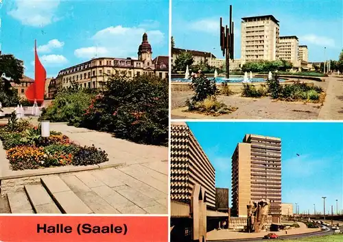 AK / Ansichtskarte 73924117 Halle__Saale Fahnenmonument Flamme der Revolution Roehrenbrunnen an der Leninallee Thaelmannplatz