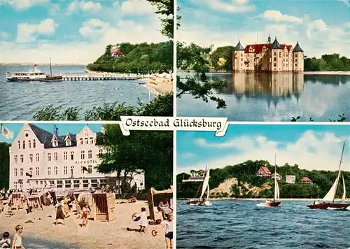 AK / Ansichtskarte 73924171 Gluecksburg__Ostseebad Anlegesteg Schloss Gluecksburg Strand Kurhotel Segelpartie